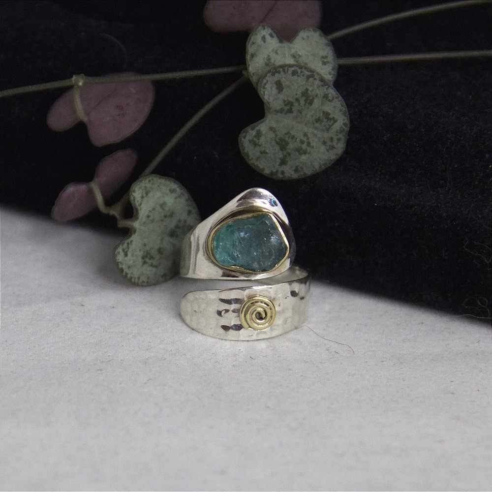Sterling Silver Raw Apatite Hammered Bypass Ring Sz 8 Mixed Metal Artisan India